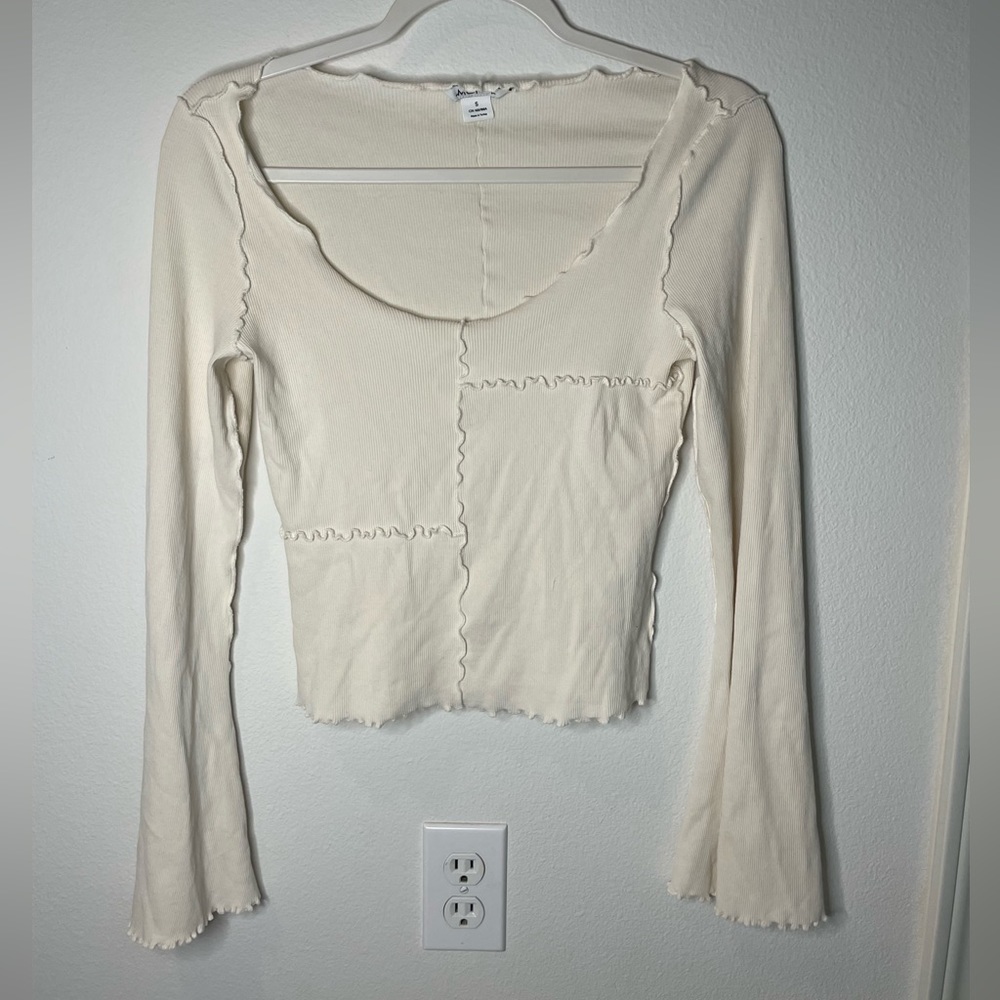 Monki cotton patch top with trumpet sleeves in beige